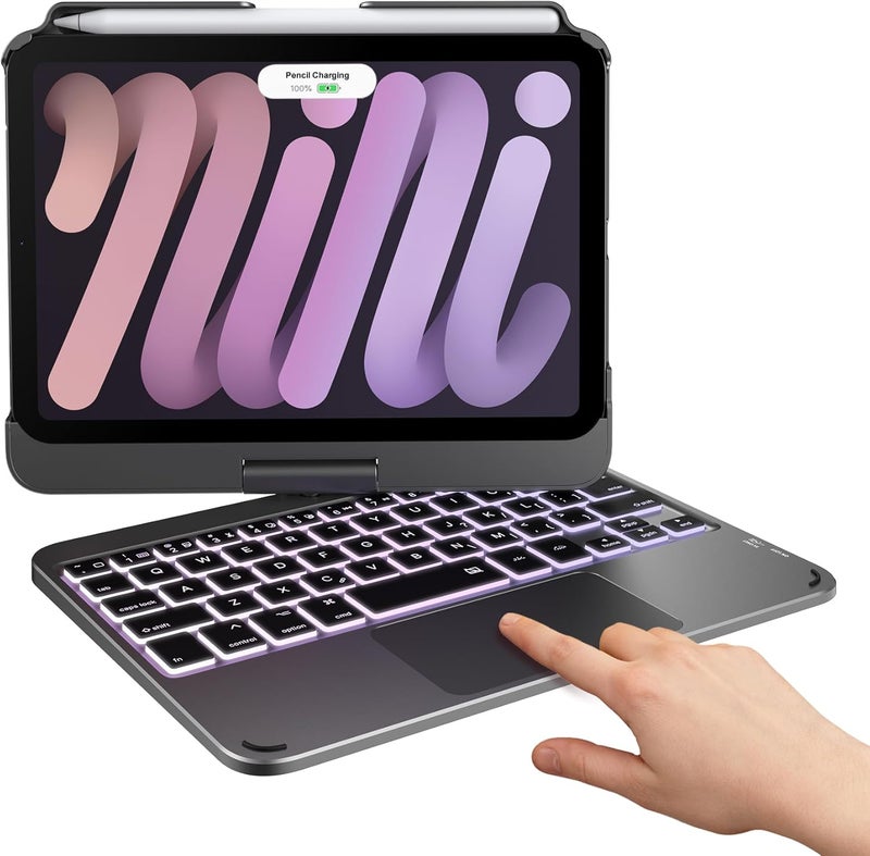 typecase حافظة لوحة مفاتيح لجهاز آيباد ميني 7 (2024) و ميني 6 (2021) - حافظة لاسلكية مع لوحة مفاتيح لجهاز آيباد ميني الجيل السابع والسادس 8.3" - غلاف لوحة مفاتيح مضاءة خلفياً بـ 10 ألوان مع لوحة تتبع - رمادي داكن - Image 1